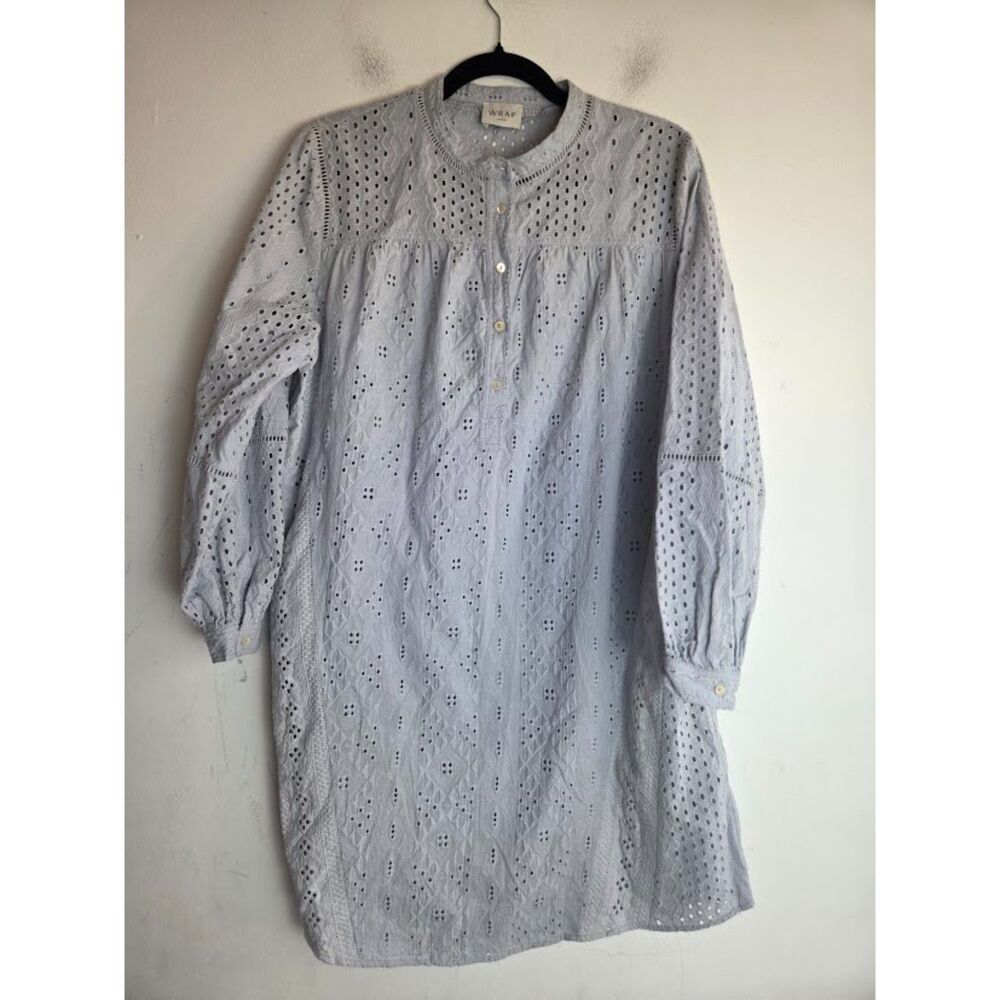 WRAP London Steel Blue Eyelet A-Line Henley 100% Cotton Band Collar Dress sz 14